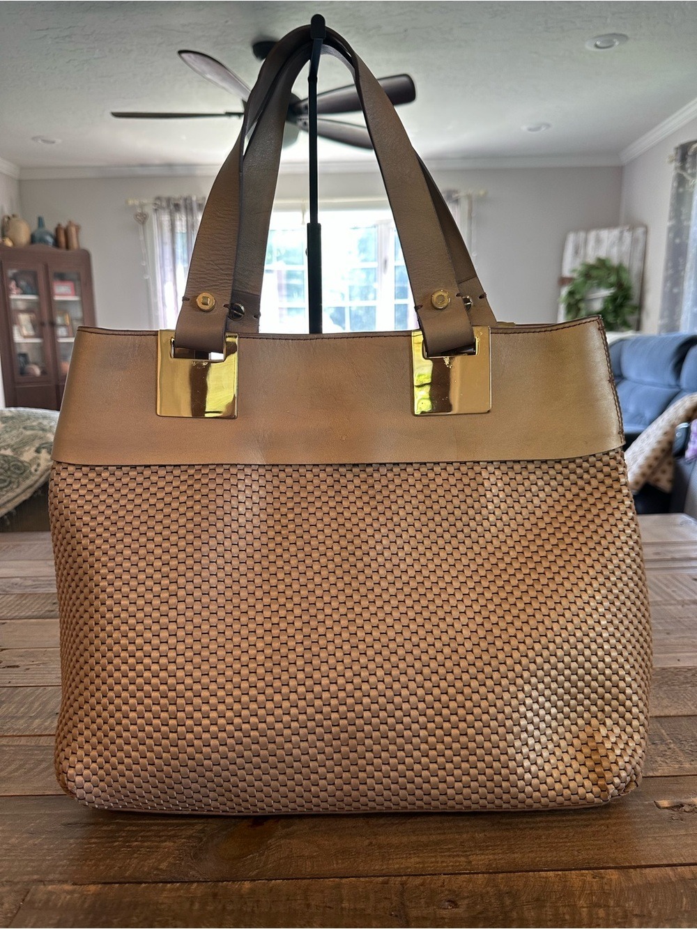 Ellen Tracy Woven Light Gold Leather Large Tote - Picture 2 of 7